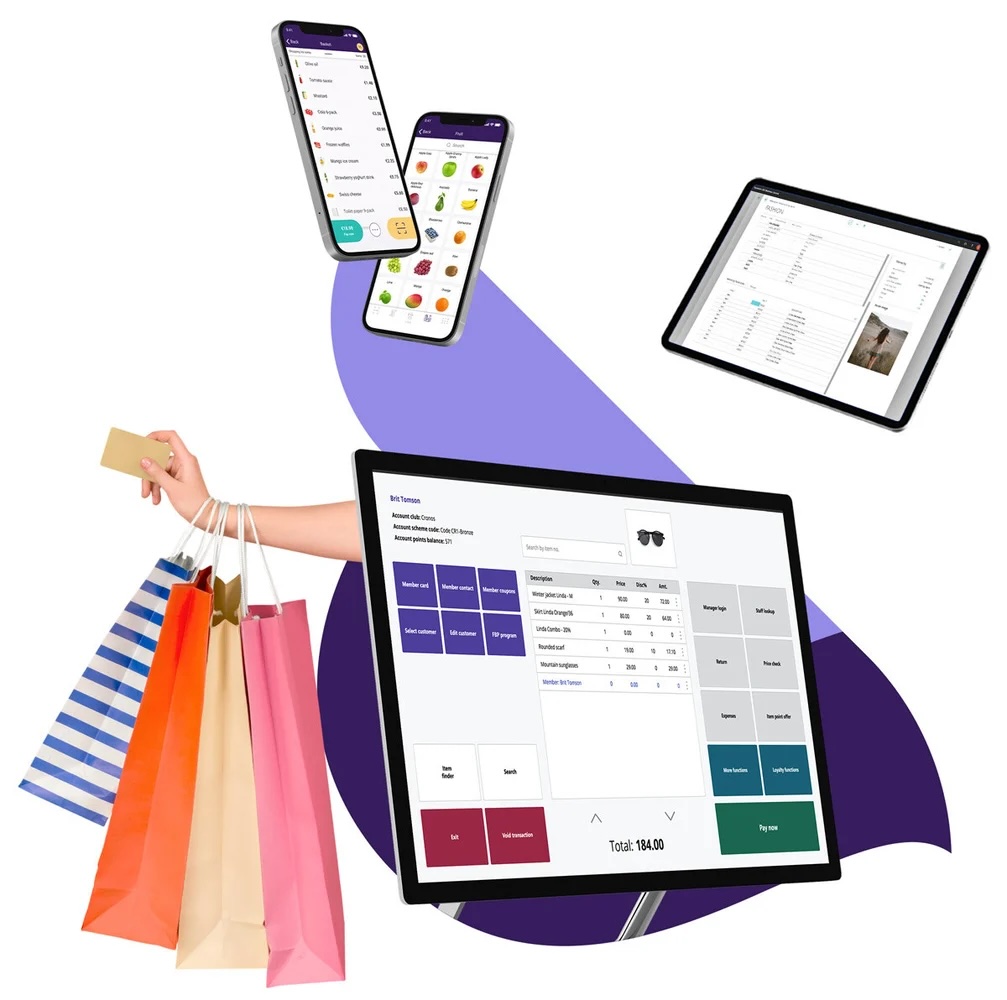 LS Retail POS system showcasing various components: a desktop terminal, mobile apps, a tablet interface, and shopping bags with a credit card.