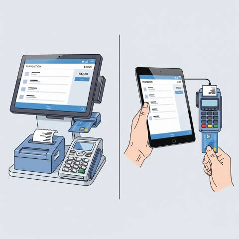 A split-screen image showing two types of point-of-sale systems. On the left, a traditional desktop terminal with a large screen, keypad, and receipt printer. On the right, a hand holds a tablet connected to a separate mobile card reader, representing a modular POS system.