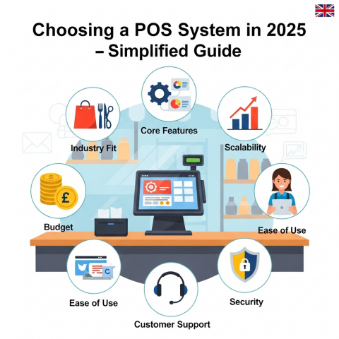  An infographic showing a simplified guide for choosing a Point of Sale (POS) system. Key factors are represented as icons around a central POS terminal: Core Features, Scalability, Ease of Use, Security, Customer Support, Industry Fit, and Budget.