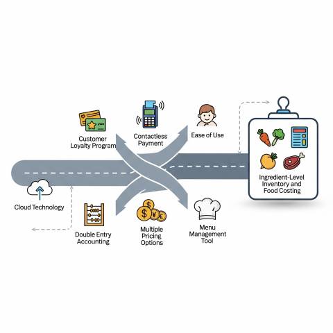 An infographic roadmap showing the progression of features for a restaurant's technology system, starting with cloud technology and leading through customer loyalty, contactless payment, double entry accounting, ease of use, multiple pricing options, menu management, and ending with ingredient-level inventory and food costing.
