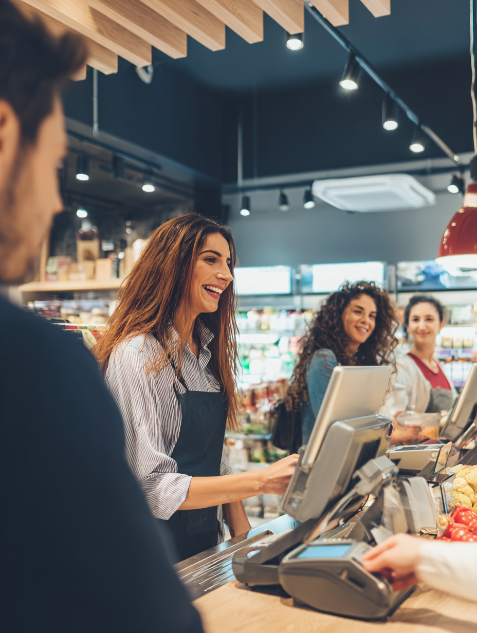 Smiling cashier operating a modern point of sale (POS) system at a UK supermarket checkout, serving a customer efficiently.