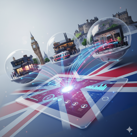 UK business locations (London, Manchester, Edinburgh) linked by glowing digital lines to a real-time POS tablet. Multi-location POS systems UK.